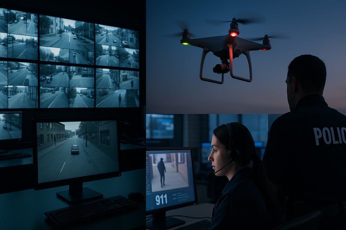 Surveillance room, drone, police officer, and 911 operator in coordinated emergency response setup