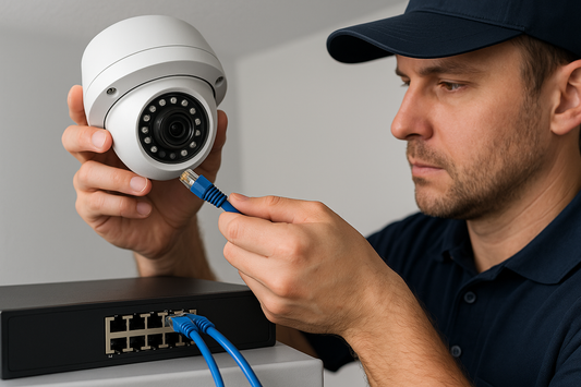 Professional installing PoE security camera for stable AI surveillance