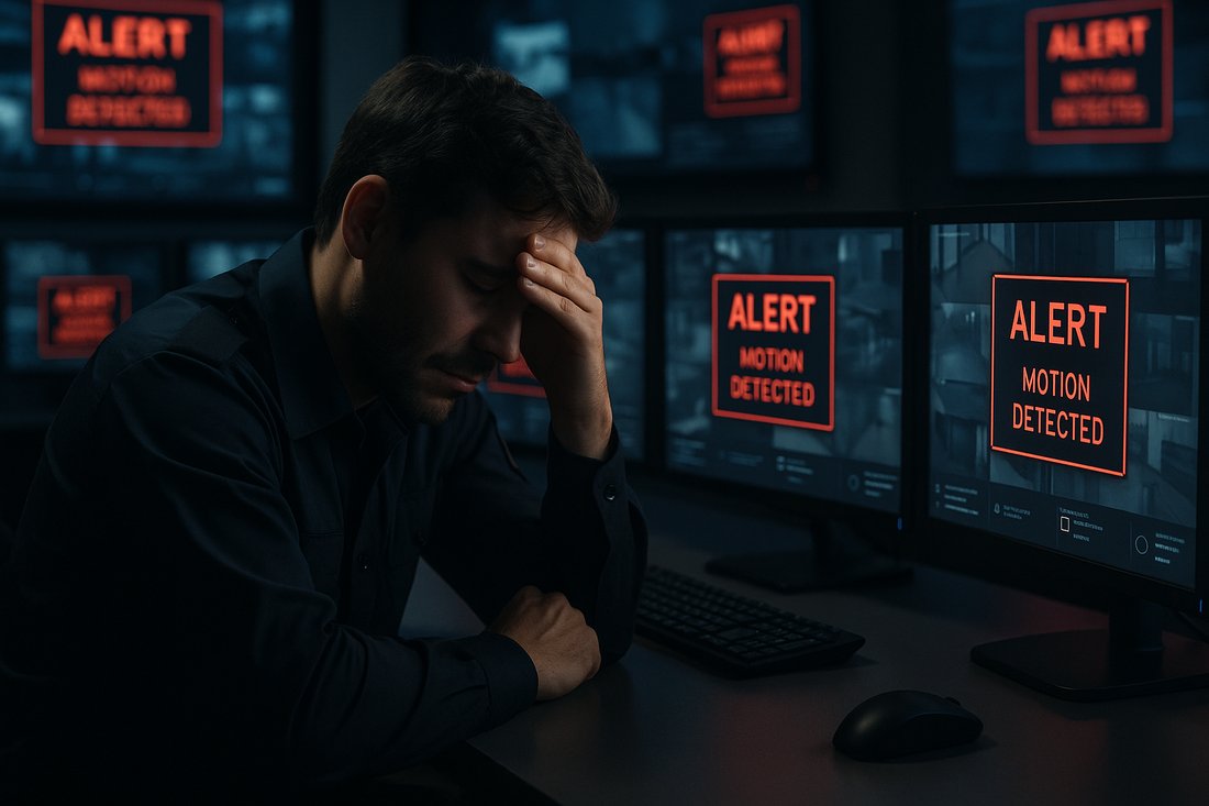Tired security operator in a dark control room surrounded by multiple monitors flashing red “Motion Detected” alerts, showing the stress of alarm fatigue before AI automation.