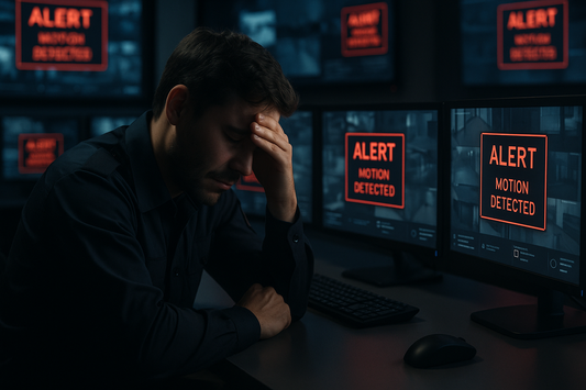 Tired security operator in a dark control room surrounded by multiple monitors flashing red “Motion Detected” alerts, showing the stress of alarm fatigue before AI automation.