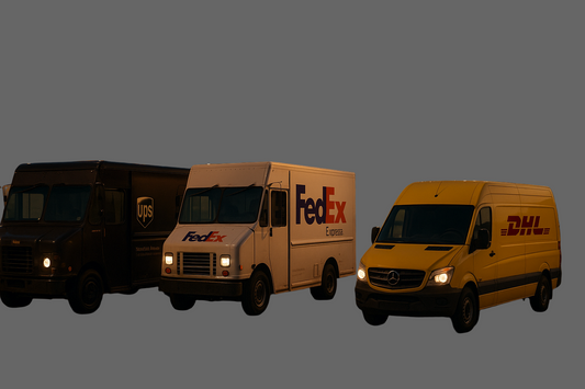 UPS, FedEx, and DHL delivery vehicles