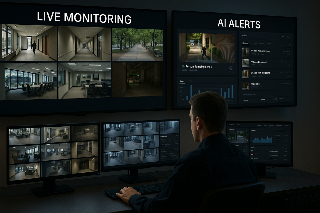 Security operations center operator monitoring multiple screens, with live surveillance feeds on the left and AI-generated alerts with analytics on the right, illustrating hybrid monitoring workflow."