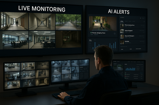 Security operations center operator monitoring multiple screens, with live surveillance feeds on the left and AI-generated alerts with analytics on the right, illustrating hybrid monitoring workflow."