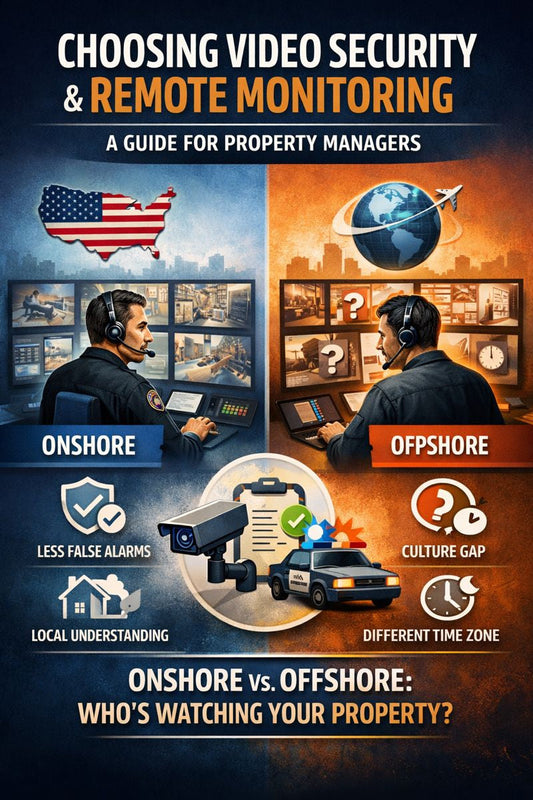 illustration of remote video monitoring for property managers: a control-room operator watching multiple camera feeds on one side and a globe/time-zone theme on the other, emphasizing the difference between local vs overseas monitoring,
