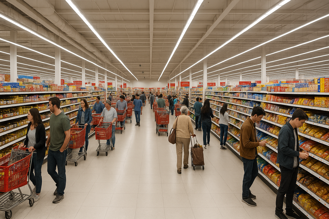 Wide-angle view of a large supermarket with multiple aisles, bright overhead lighting, and shoppers browsing shelves and pushing red shopping carts.