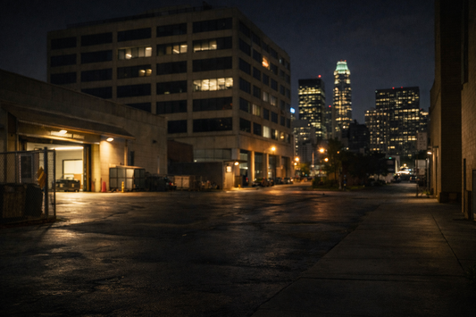 After-hours commercial office property with limited activity and a security operator reviewing verified incidents