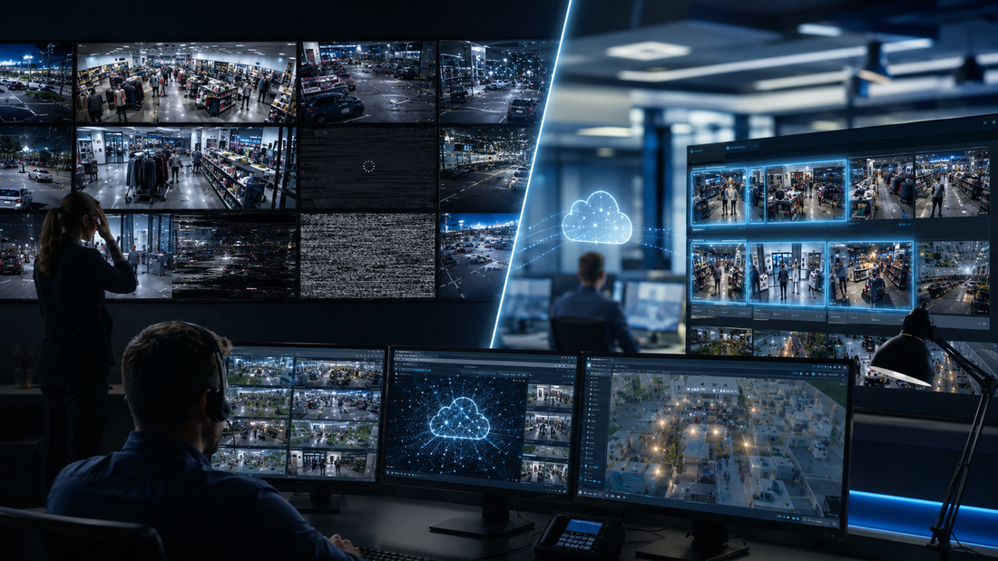 AI security monitoring control room showing offline CCTV feeds, false camera alerts, and Cloud NVR tools helping security teams reduce noise and speed up investigations.