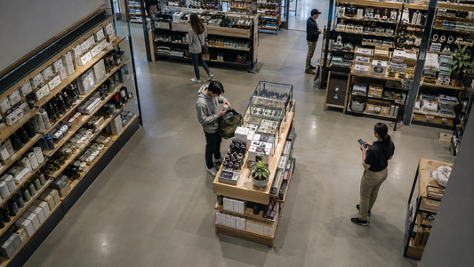 Retail associate reviewing an AI-assisted video alert while shoppers move through a store aisle.