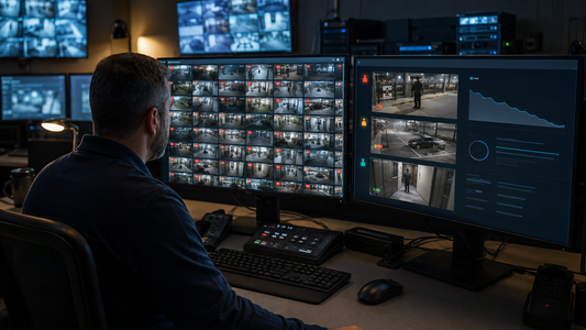 Security operator comparing an overcrowded CCTV alert queue with prioritized AI video monitoring incidents and operational metrics.