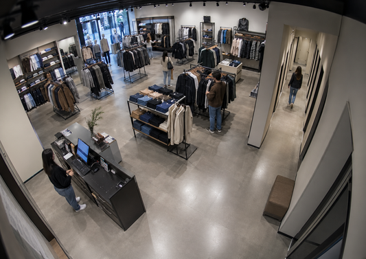 CCTV-style overhead view of a modern clothing store with apparel racks, fitting-room corridor, checkout counter, and shoppers browsing throughout the retail floor.