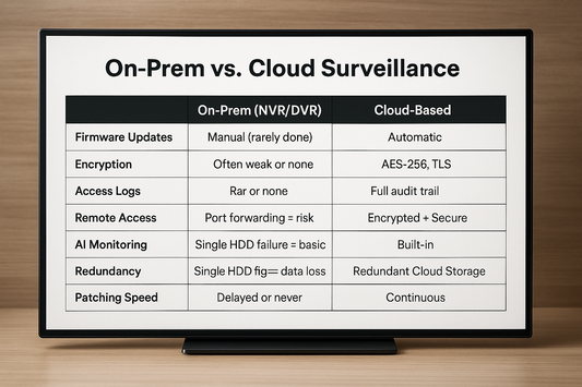 Comparison table displayed on screen between cloud and on-prem camera systems 