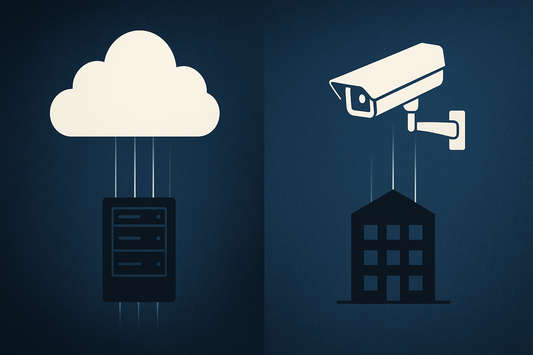 Minimalist illustration split into two halves: left side shows a white cloud above a server tower, right side shows a security camera above a building, symbolizing cloud versus edge computing.