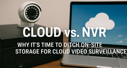 A digital photograph compares Network Video Recorder (NVR) hardware with a cloud-based surveillance setup on a laptop, illustrating the transition from on-site to cloud video storage.