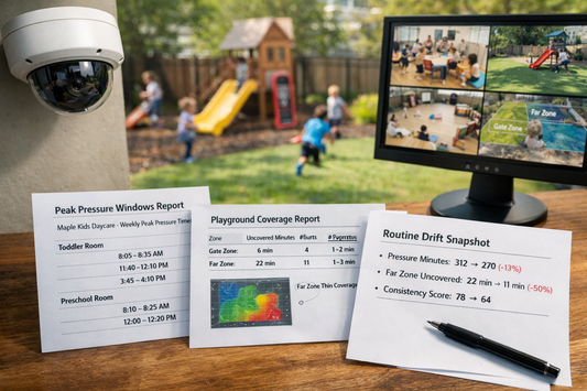 Surveillance camera, monitor displaying playground footage, and reports on a desk.