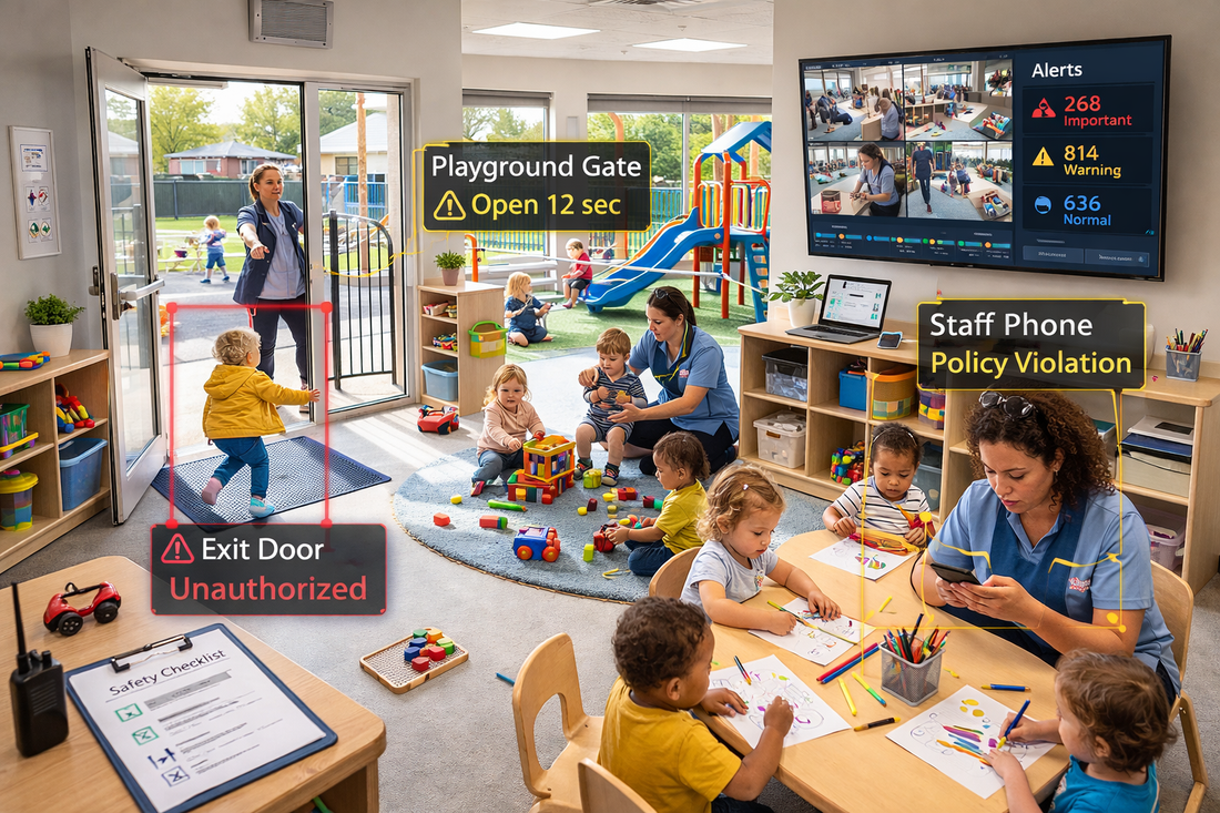 Children playing in a classroom with adults supervising, equipped with security monitors and alerts.