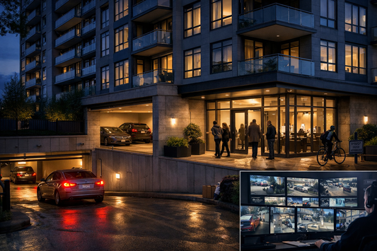 Modern multifamily residential building at dusk showing normal resident activity and the challenge of identifying real security events