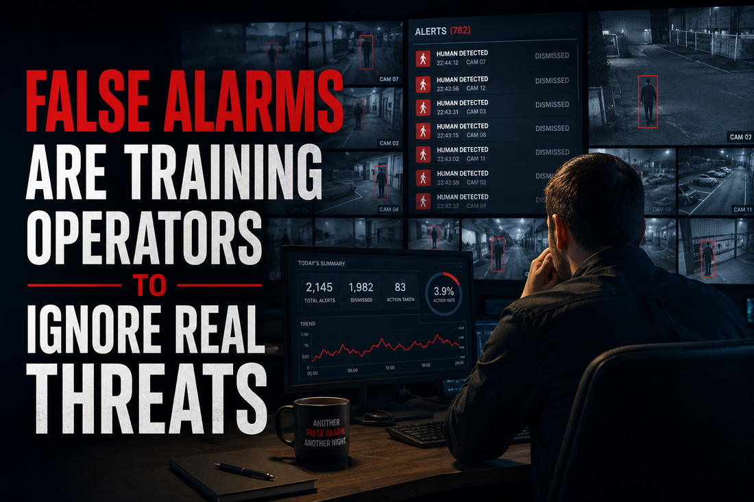 Security operator reviewing repeated human-detection alerts in a remote video monitoring centre