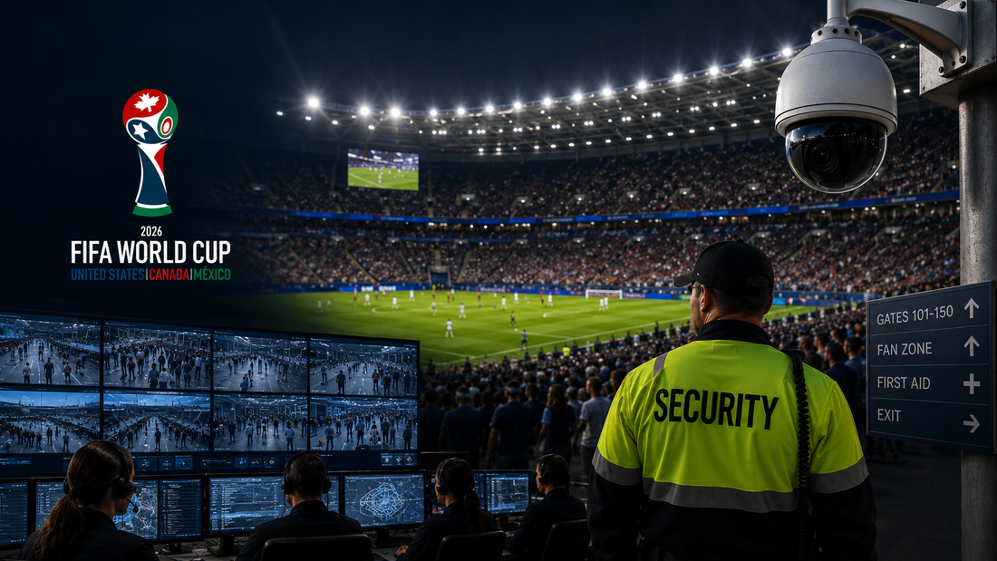 Security officer overlooking a packed World Cup 2026 stadium with CCTV cameras and command center monitors, showing how human teams and AI-assisted surveillance protect fans in real time.