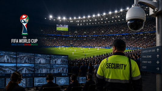 Security officer overlooking a packed World Cup 2026 stadium with CCTV cameras and command center monitors, showing how human teams and AI-assisted surveillance protect fans in real time.