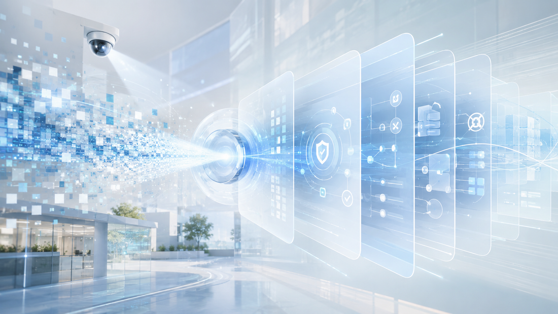 Futuristic AI security system turning camera pixels into policy-driven intelligence across a modern smart building