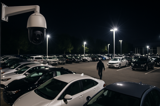 A high-resolution photograph captures a nighttime car dealership lot under bright security lights, with a PTZ security camera in the foreground and a lone person walking away among parked cars.