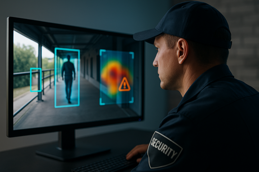 Security guard attentively monitoring a live video feed on a desktop screen enhanced with AI overlays, including bounding boxes and a heatmap, symbolizing collaboration between human vigilance and artificial intelligence
