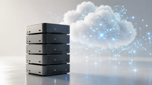 Realistic stack of local NVR and server hardware beside a cloud network, showing the shift from hardware-heavy CCTV infrastructure to cloud-connected AI security monitoring.