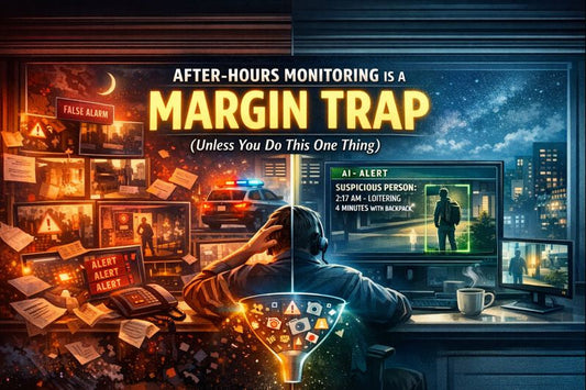 Person monitoring security footage with text about after-hours monitoring being a margin trap.