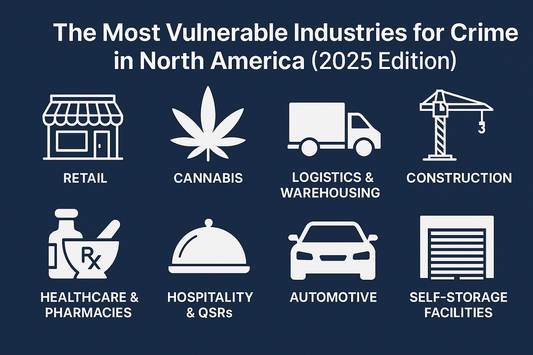 Icons representing the most vulnerable industries for crime in North America 2025: retail store, cannabis leaf, cargo truck, construction crane, pharmacy, hospitality cloche, car, and self-storage unit