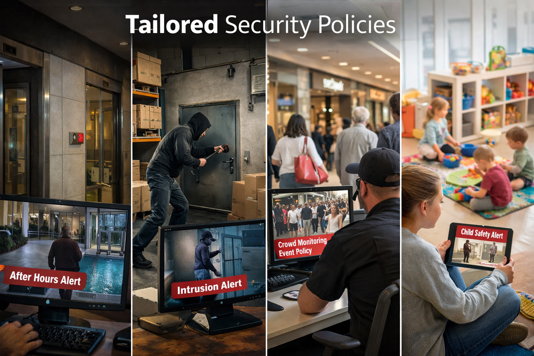 Collage of security-related images with text 'Tailored Security Policies'.