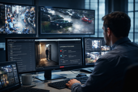 Person monitoring multiple surveillance screens in a dimly lit room - ArcadianAI - Ranger Platform