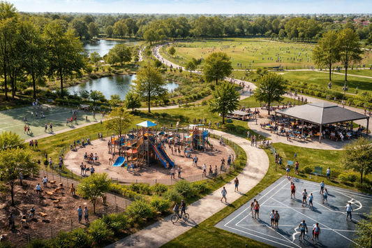 Aerial view of a busy city park showing playground, basketball courts, picnic shelter, trail, and pond with people.