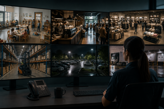 AI video intelligence control room showing existing cameras used to monitor daycare, coffee shop, retail, warehouse, parking lot, and loading dock operations beyond security.