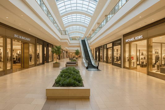 nterior of a luxury modern shopping center with glass ceiling, polished tile floors, escalator, designer brand stores like Burberry and Michael Kors, and elegant planters with greenery along the central walkway.