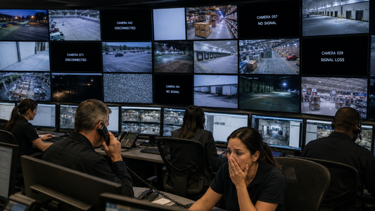Security operations center with multiple operators monitoring surveillance camera feeds, including disconnected cameras, signal loss screens, and active escalation during a remote video monitoring incident.