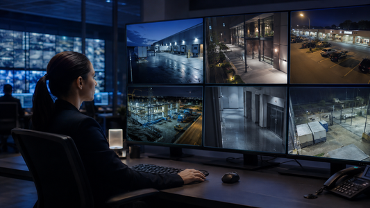 ArcadianAI_Person monitoring security cameras with multiple screen displays in a dark room