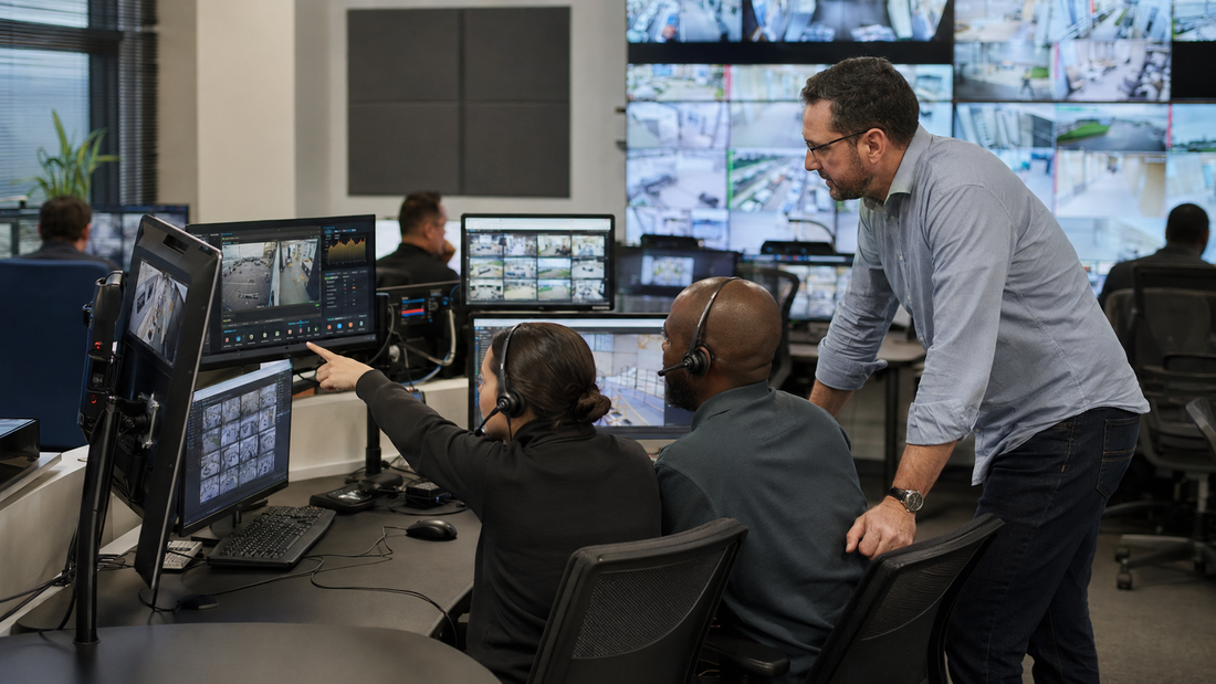 RVM operations leader reviewing camera performance and alert data with operators in a security operations center.