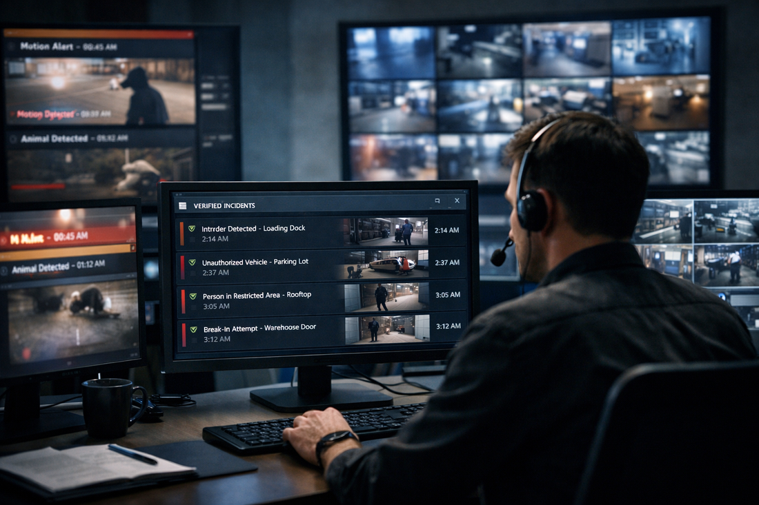 RVM operator reviewing a clean verified-incident queue in a monitoring center at night