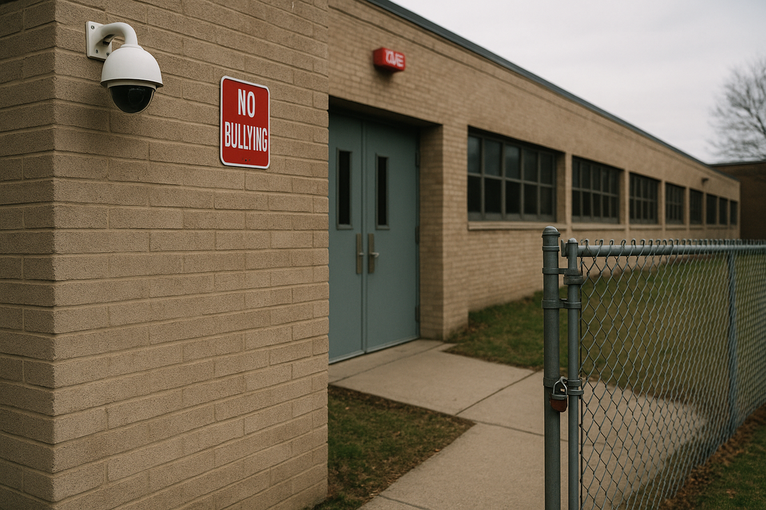 School building exterior with security camera, no bullying sign, locked gate, and overcast sky