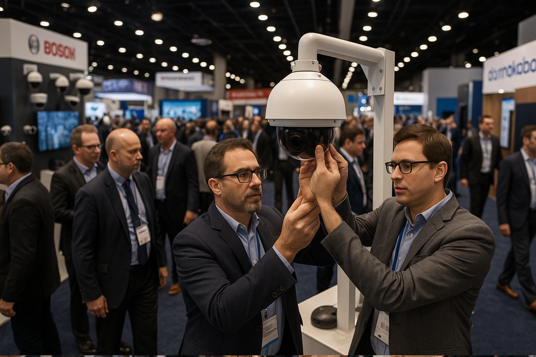 A high-resolution digital photograph captures a trade show floor packed with physical security professionals and booths