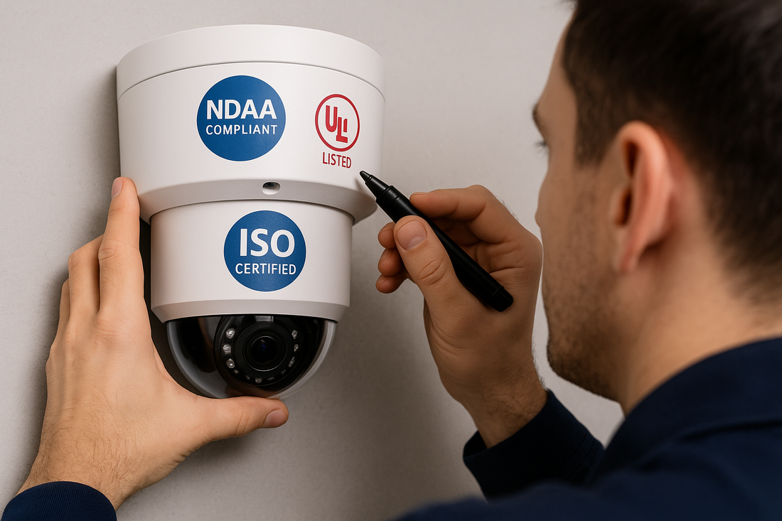 Technician verifying certification seals on camera system