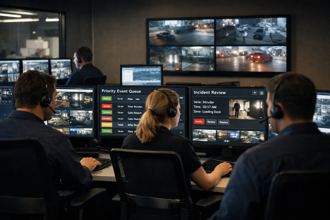 Modern security operations center showing efficient alarm verification and reduced alert overload for remote video monitoring teams