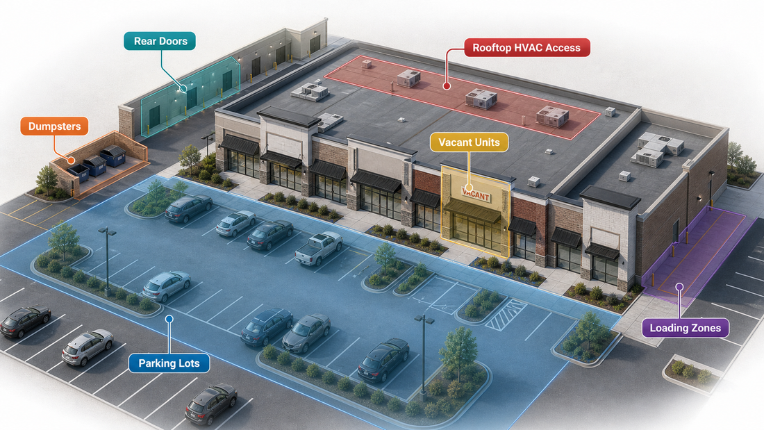 Shopping plaza security risk map showing parking lots, rear doors, dumpsters, vacant units, loading zones, and rooftop HVAC access for remote video surveillance.
