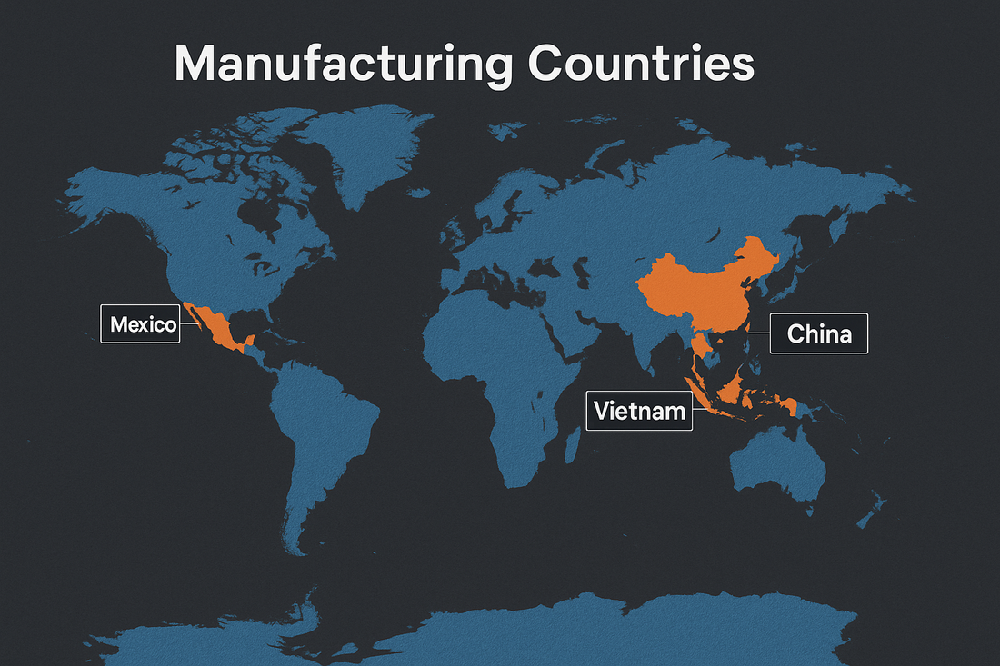 Global map highlighting top surveillance camera manufacturing countries including China, Vietnam, Taiwan, and Mexico