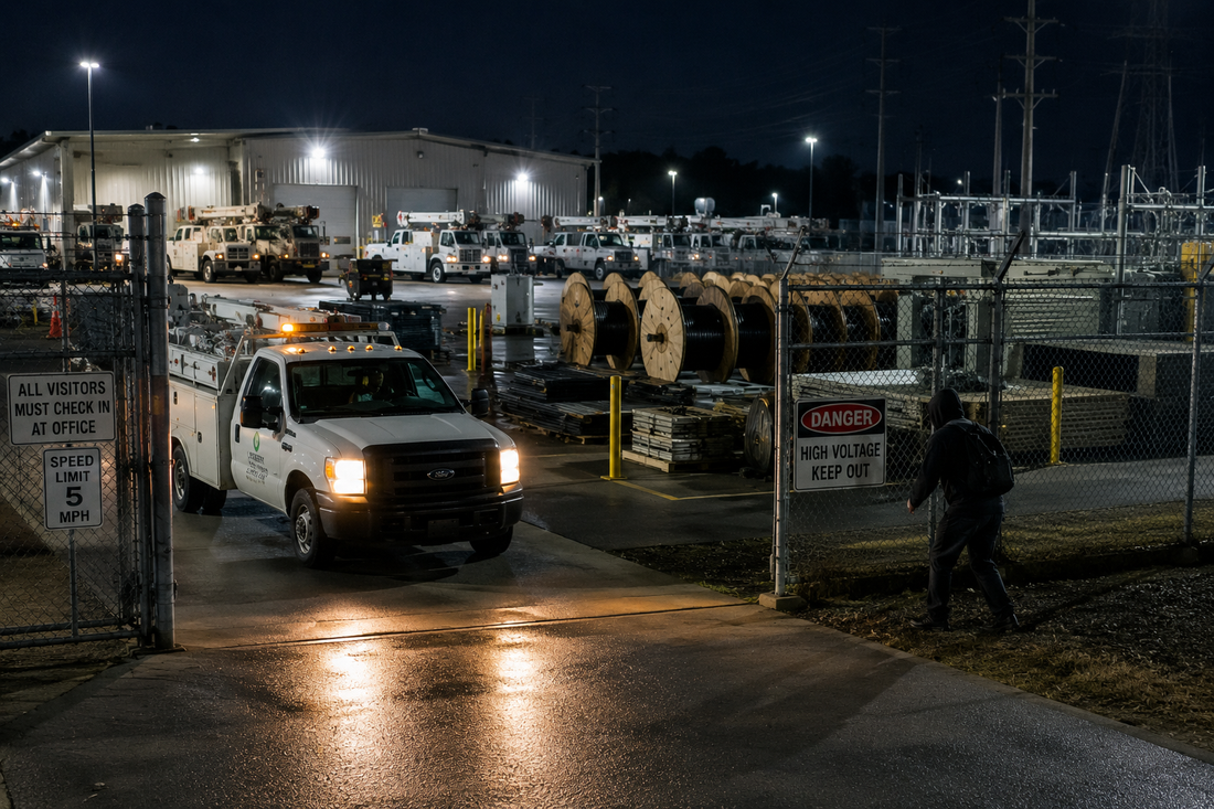 Utility yard with company vehicles, material storage, gated access, and perimeter security cameras showing the challenge of distinguishing authorized after-hours staff from suspicious entry.