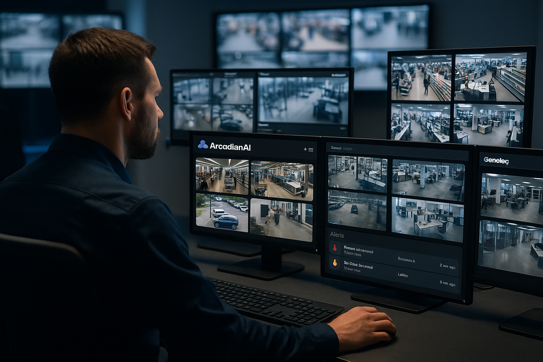 Security operations center with ArcadianAI dashboard and Genetec VMS integration