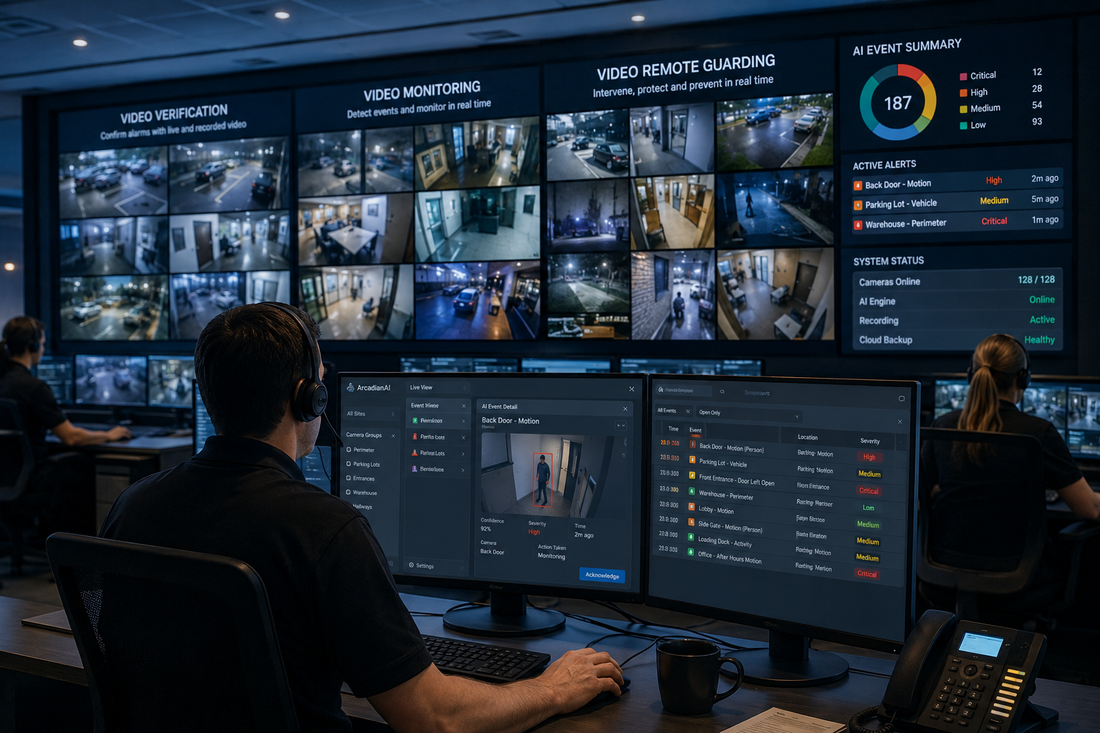 AI-assisted video operations dashboard helping remote monitoring teams filter camera alerts for video verification, video monitoring, and remote guarding.