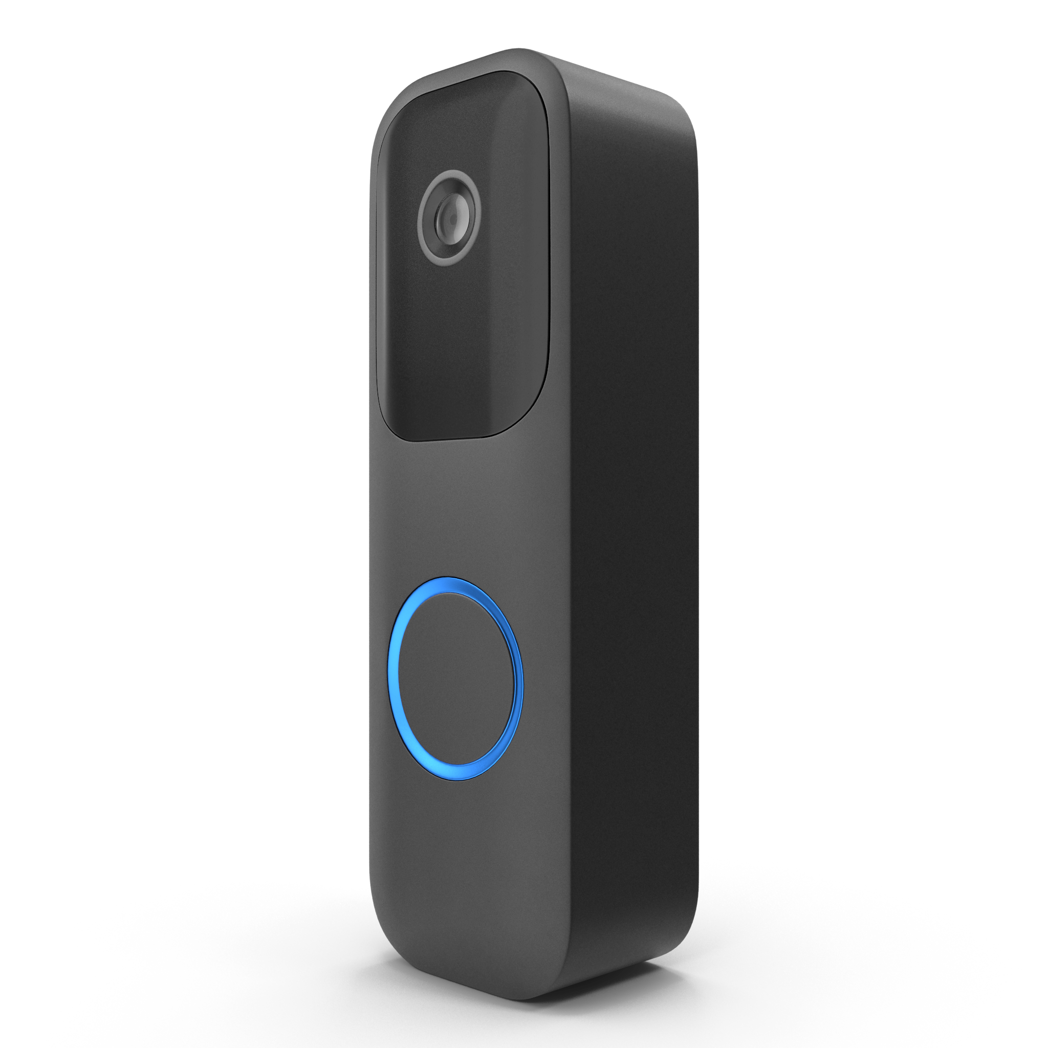 Black electronic device with a blue light on a white background, Hanwha Vision