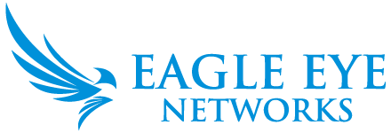 Eagle Eye Networks logo with blue text and wing-like design on a white background