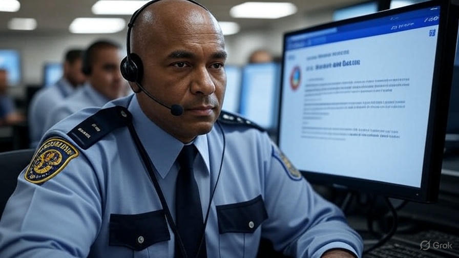 Man in a police uniform sitting at a desk with multiple monitors in a control room setting.